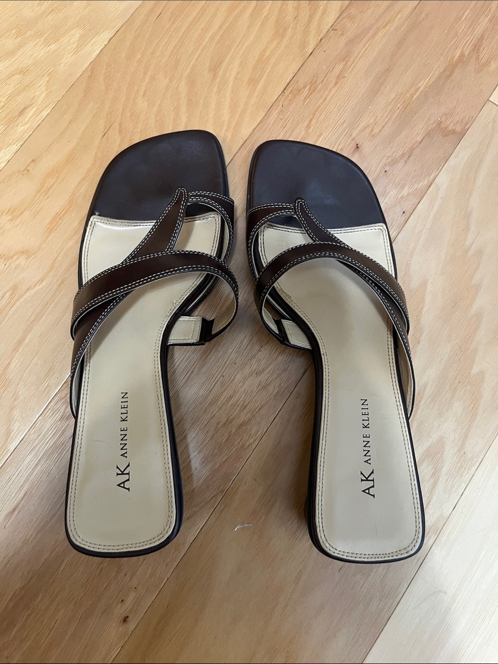 Anne Klein Leather Brown Strappy Slide Sandals